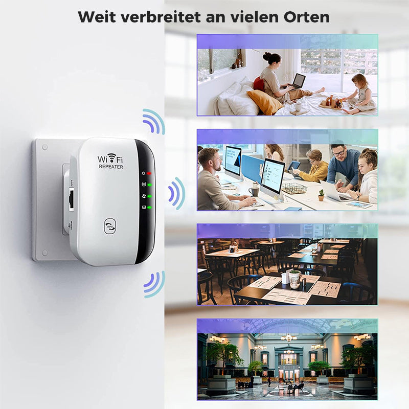 WiFi-signalforsterker plassert i et stuemiljø, viser hvor den forbedrer trådløs dekning hjemme.