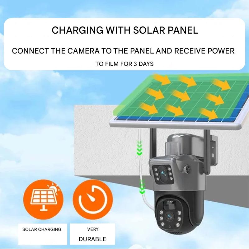 Autonomt 4K overvåkningskamera, trådløst og miljøvennlig med solcellepanel. Høy bildekvalitet.