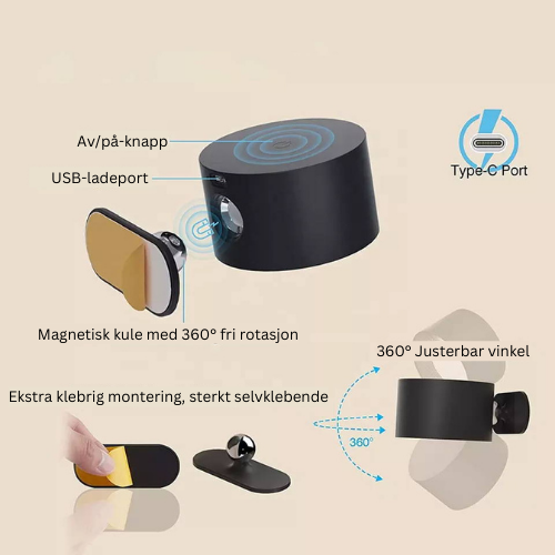 "Trådløs 360° vegglampe, USB-oppladbar, stilren design, justerbar magnetisk kule, LED-lys med smart touch-kontroll."