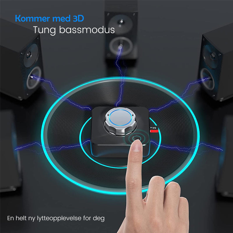 "Trådløs Bluetooth 5.0 RCA-mottaker med volumhjul, basskontroll, kompakt svart design, for trådløs musikkstrømming."
