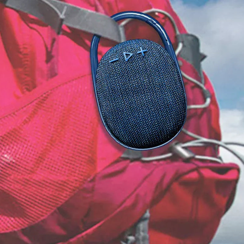 "Trådløs Bluetooth-høyttaler med kraftig bass, kompakt design, bærbar, i flere farger som blå, grå og svart"