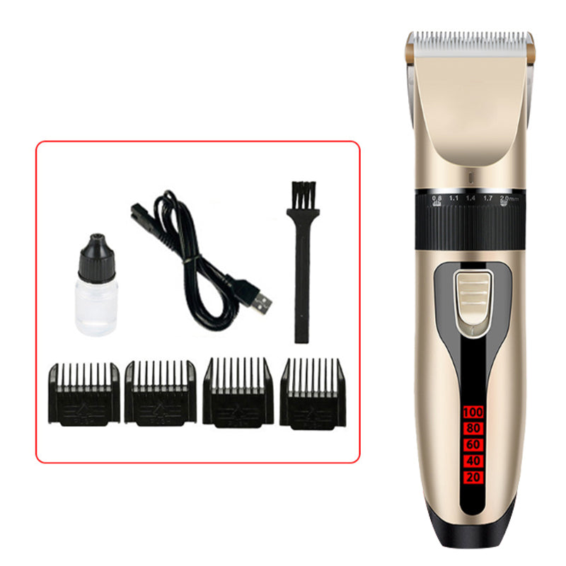 "Trådløs kjæledyrtrimmer med lav støy og keramiske blader for sikker trimming, ergonomisk og stilrent design i bruk."
