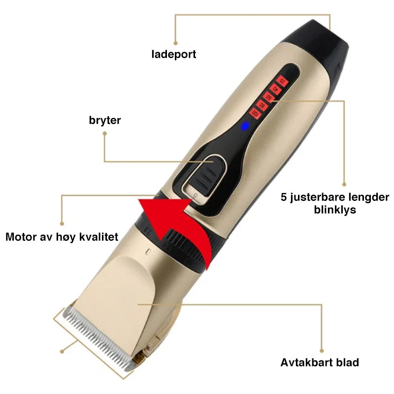 "Trådløs kjæledyrtrimmer med lav støy og keramiske blader for sikker trimming, ergonomisk og stilrent design i bruk."