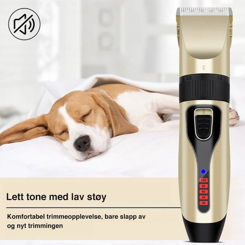"Trådløs kjæledyrtrimmer med lav støy og keramiske blader for sikker trimming, ergonomisk og stilrent design i bruk."