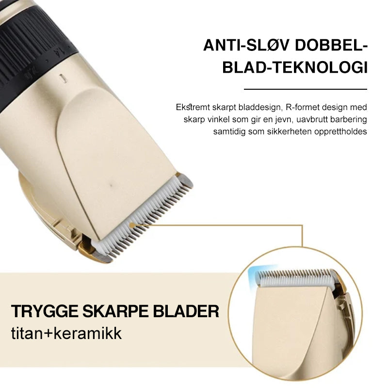 "Trådløs kjæledyrtrimmer med lav støy og keramiske blader for sikker trimming, ergonomisk og stilrent design i bruk."