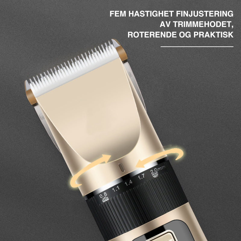 "Trådløs kjæledyrtrimmer med lav støy og keramiske blader for sikker trimming, ergonomisk og stilrent design i bruk."