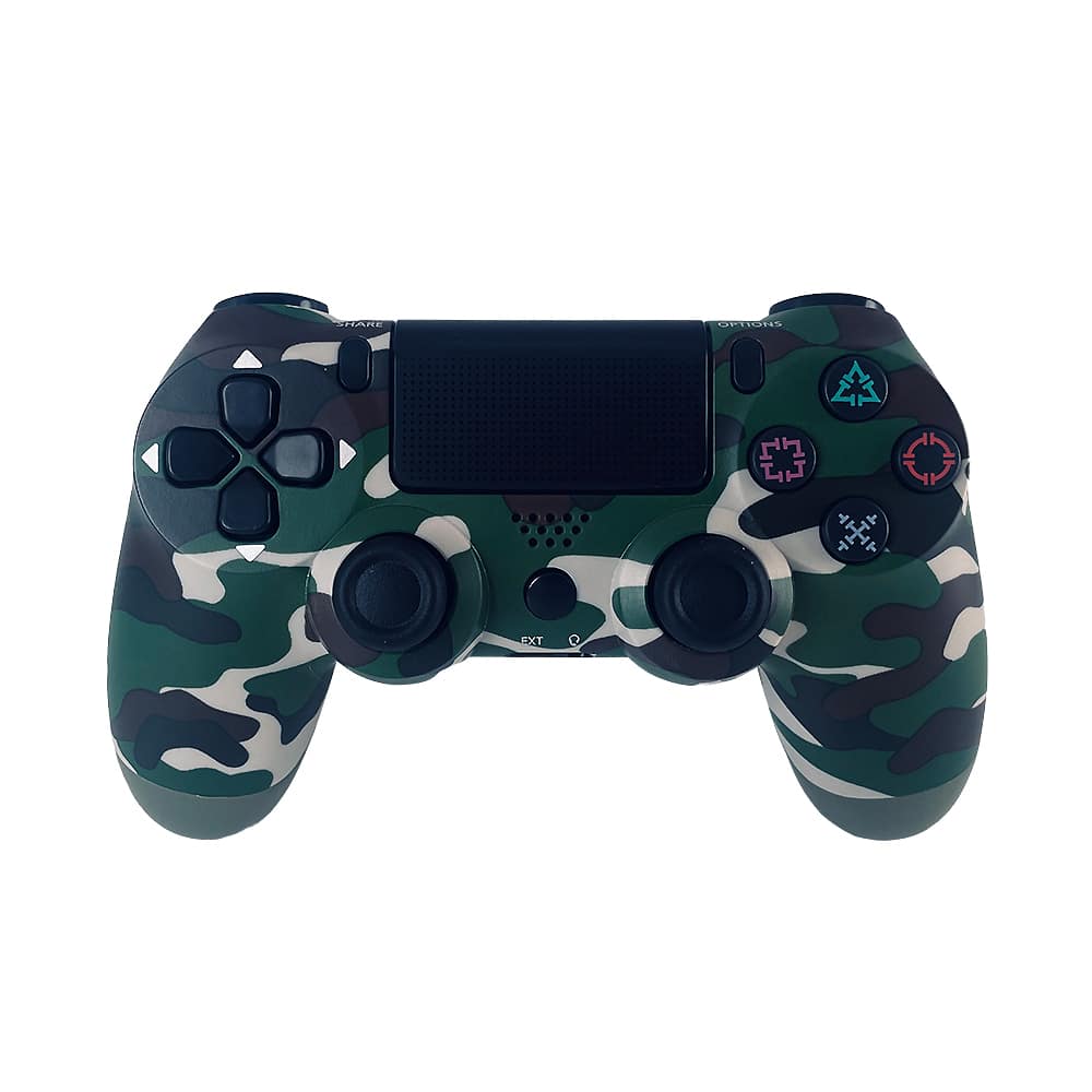 "Trådløs PS4-kontroller med touchpad, lysstripe og vibrasjon, ergonomisk design for komfortabel og intens spilling."