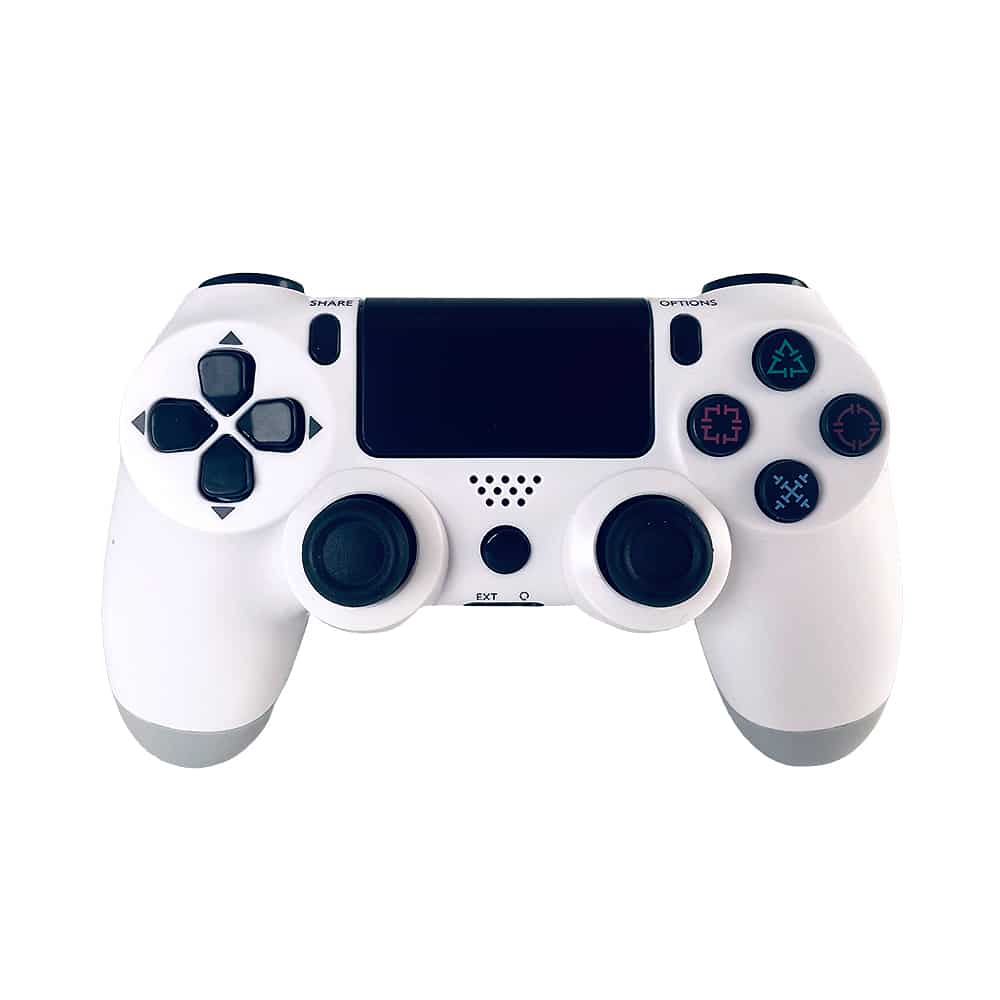 "Trådløs PS4-kontroller med touchpad, lysstripe og vibrasjon, ergonomisk design for komfortabel og intens spilling."