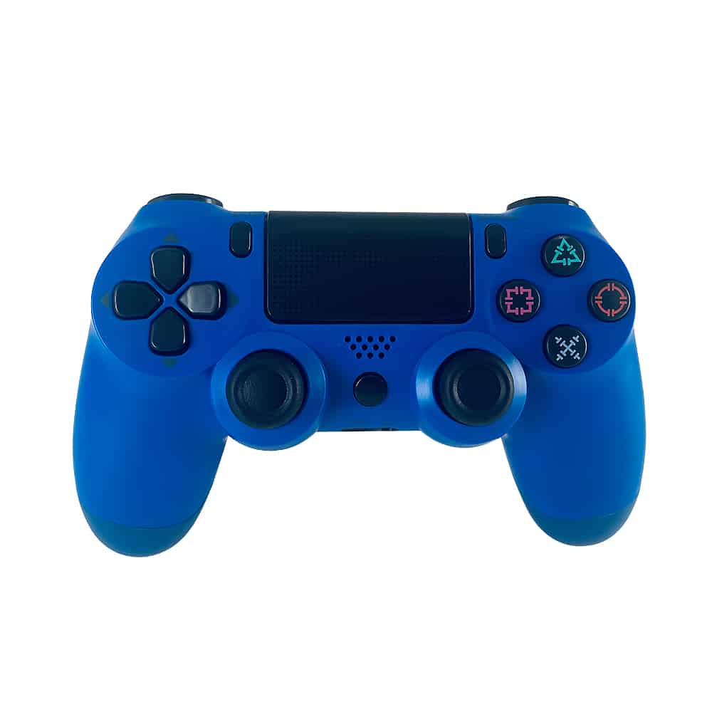 "Trådløs PS4-kontroller med touchpad, lysstripe og vibrasjon, ergonomisk design for komfortabel og intens spilling."