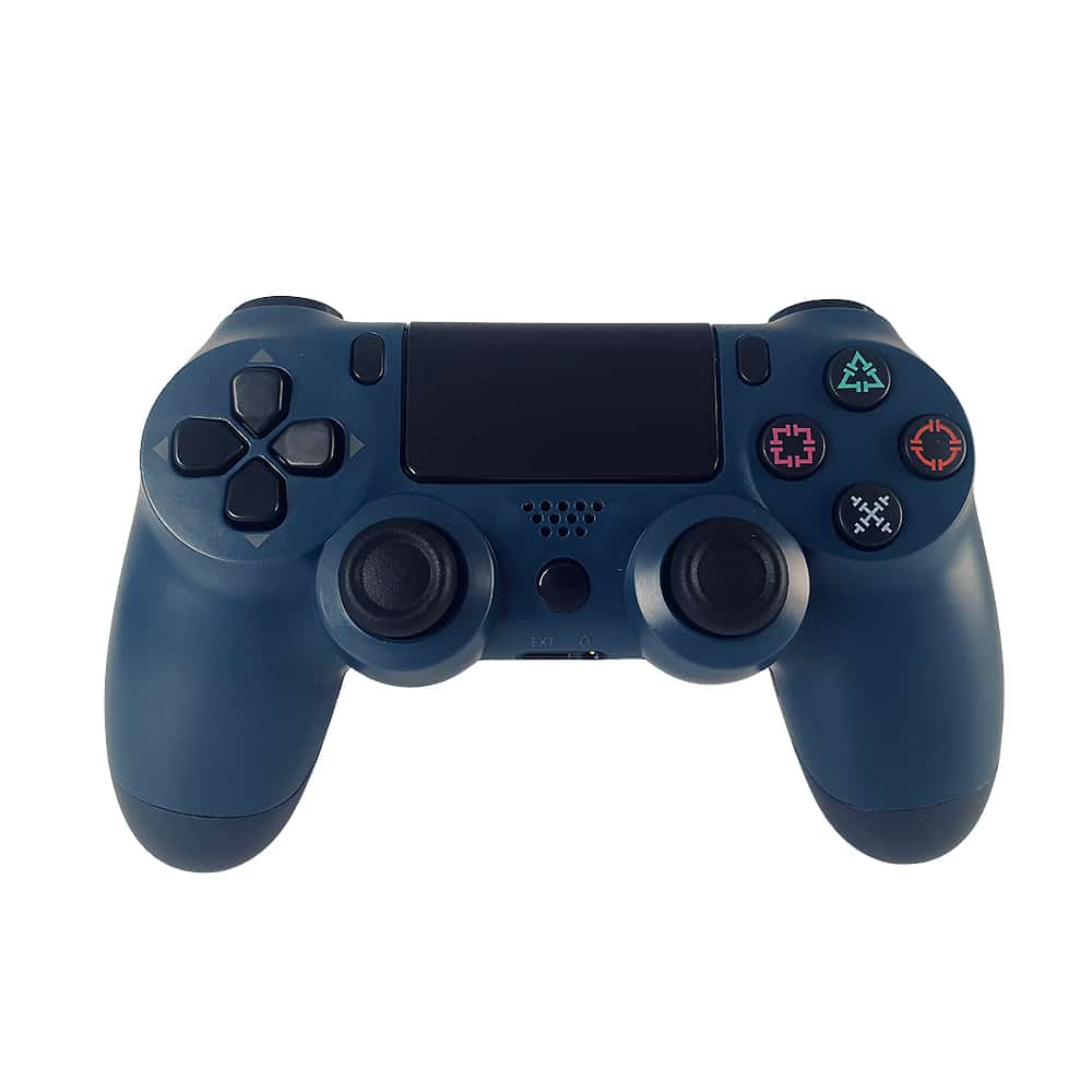 "Trådløs PS4-kontroller med touchpad, lysstripe og vibrasjon, ergonomisk design for komfortabel og intens spilling."