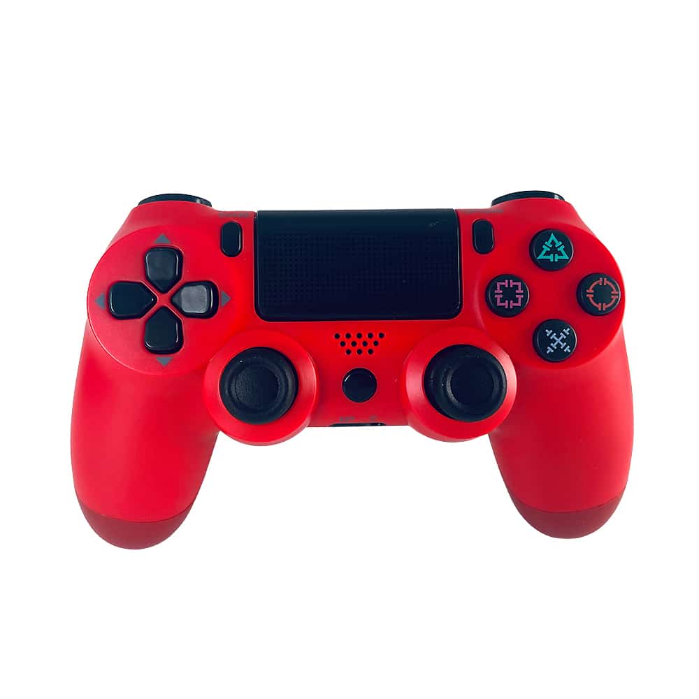 "Trådløs PS4-kontroller med touchpad, lysstripe og vibrasjon, ergonomisk design for komfortabel og intens spilling."