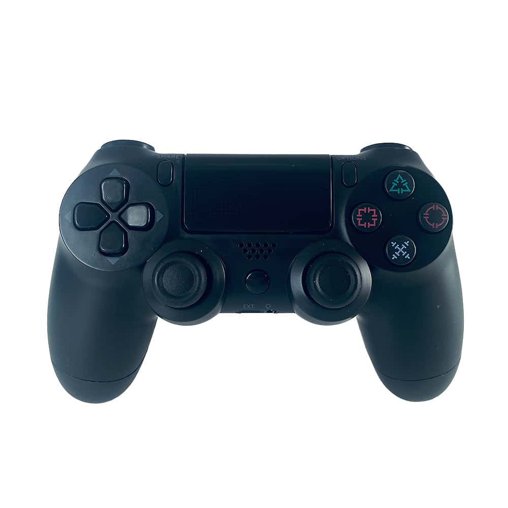 "Trådløs PS4-kontroller med touchpad, lysstripe og vibrasjon, ergonomisk design for komfortabel og intens spilling."