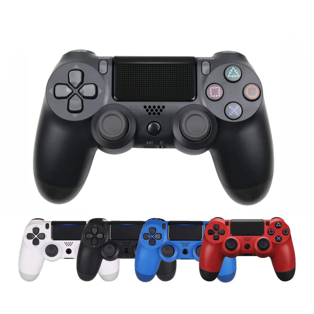 "Trådløs PS4-kontroller med touchpad, lysstripe og vibrasjon, ergonomisk design for komfortabel og intens spilling."