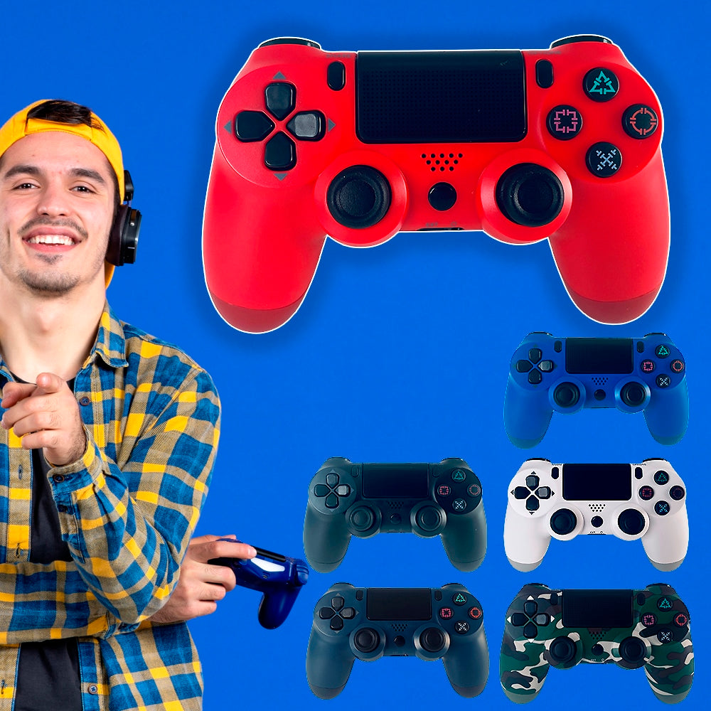 "Trådløs PS4-kontroller med touchpad, lysstripe og vibrasjon, ergonomisk design for komfortabel og intens spilling."