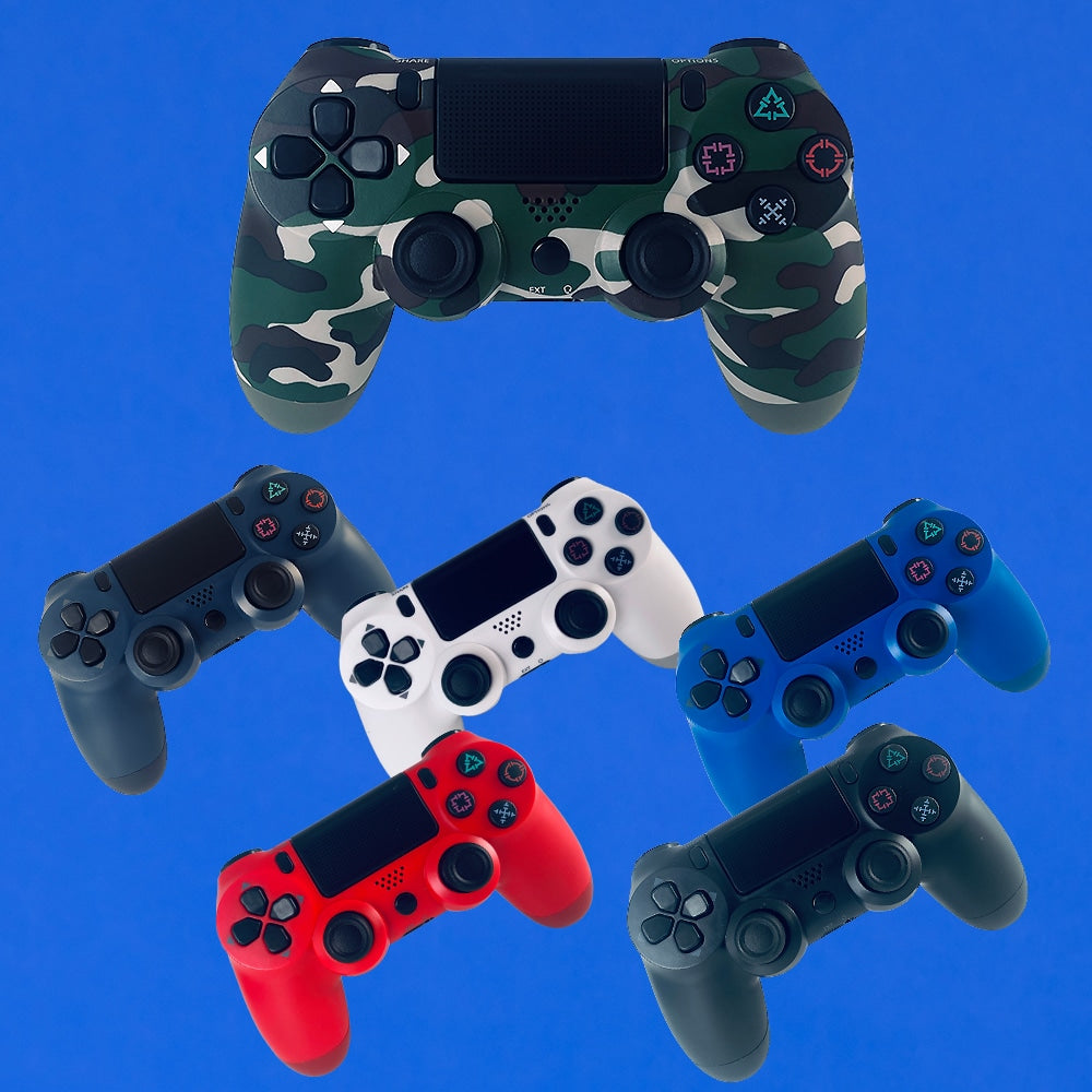"Trådløs PS4-kontroller med touchpad, lysstripe og vibrasjon, ergonomisk design for komfortabel og intens spilling."