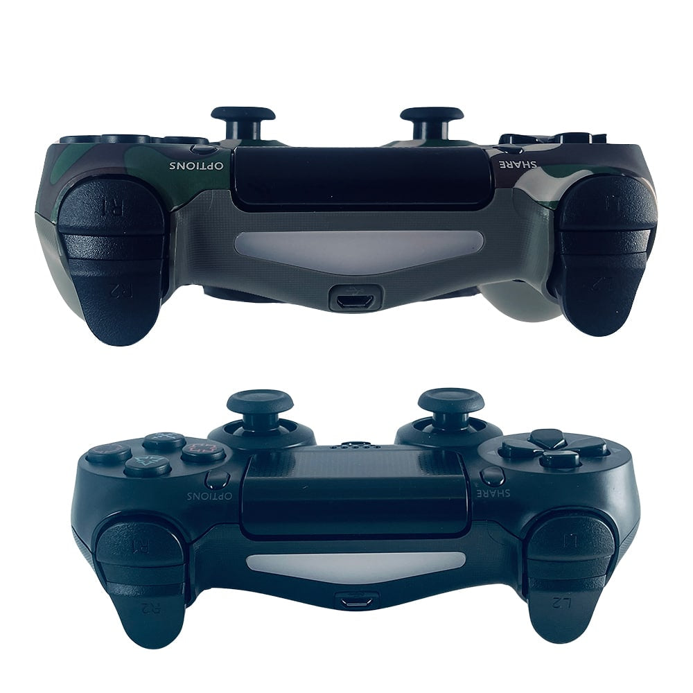 "Trådløs PS4-kontroller med touchpad, lysstripe og vibrasjon, ergonomisk design for komfortabel og intens spilling."