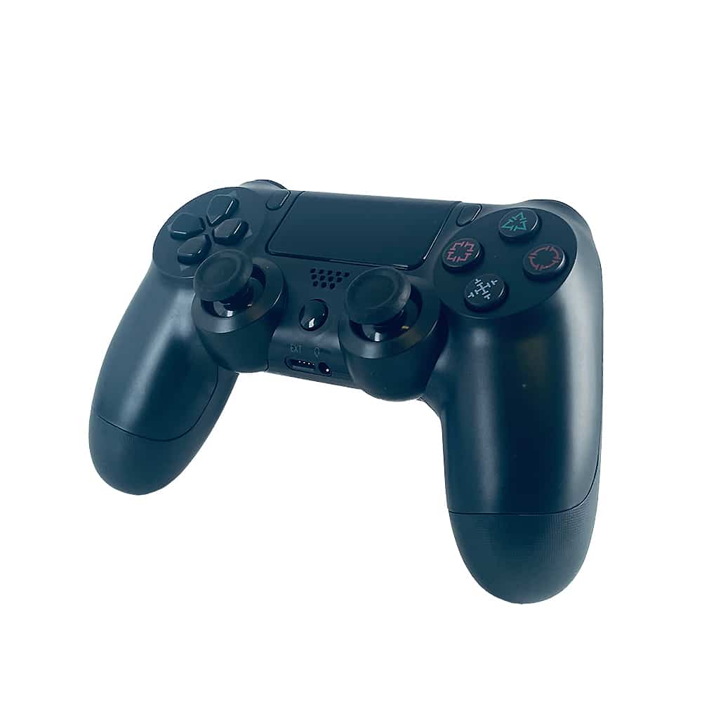 "Trådløs PS4-kontroller med touchpad, lysstripe og vibrasjon, ergonomisk design for komfortabel og intens spilling."