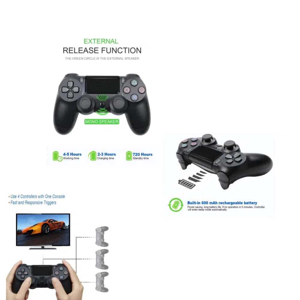 "Trådløs PS4-kontroller med touchpad, lysstripe og vibrasjon, ergonomisk design for komfortabel og intens spilling."