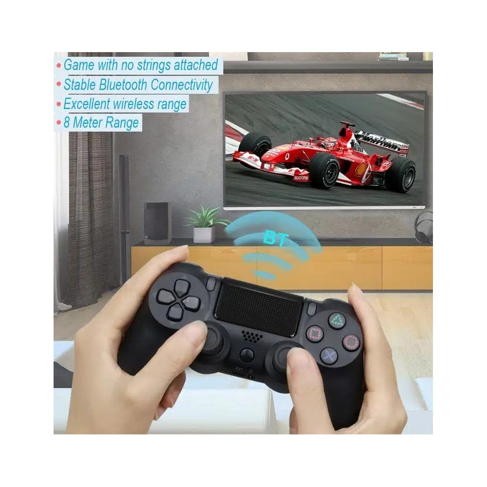 "Trådløs PS4-kontroller med touchpad, lysstripe og vibrasjon, ergonomisk design for komfortabel og intens spilling."