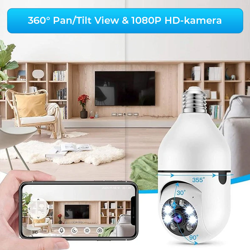 "Trådløst 1080p HD sikkerhetskamera, 360° panoramautsikt, bevegelsessensor, LED-lys, stilig, moderne design"