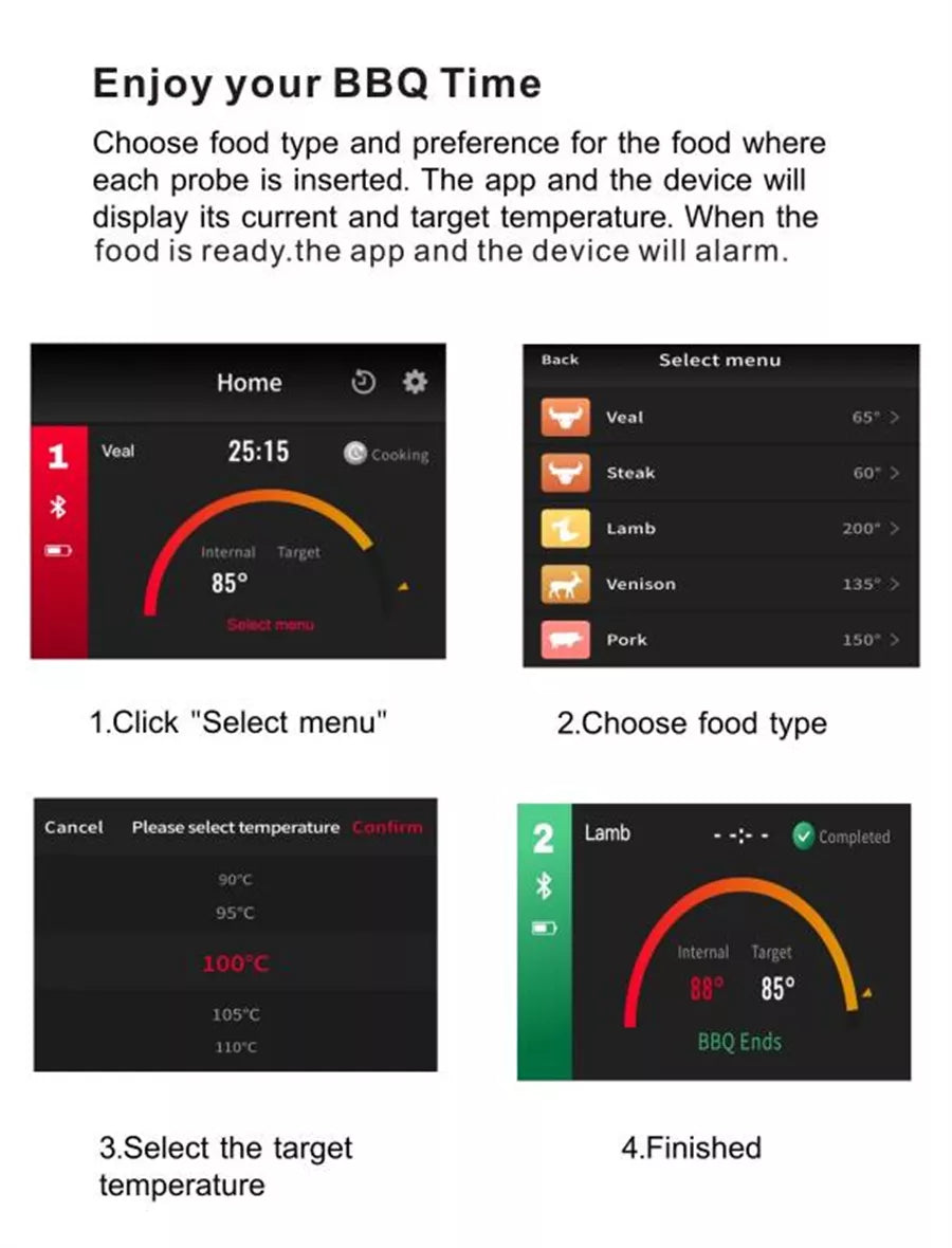 "Trådløst Bluetooth kjøtttermometer i elegant grønn og svart design for presis grilling og matlaging."