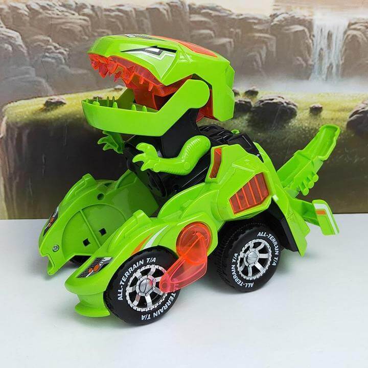 Nærbilde av gul dinosaurbil som transformerer til robot, med lyseffekter for barn
