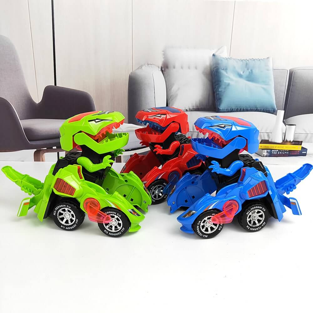 Transformerende lekebil i lyse farger med dinosaurdesign og LED-lys, morsom for gutter og jenter