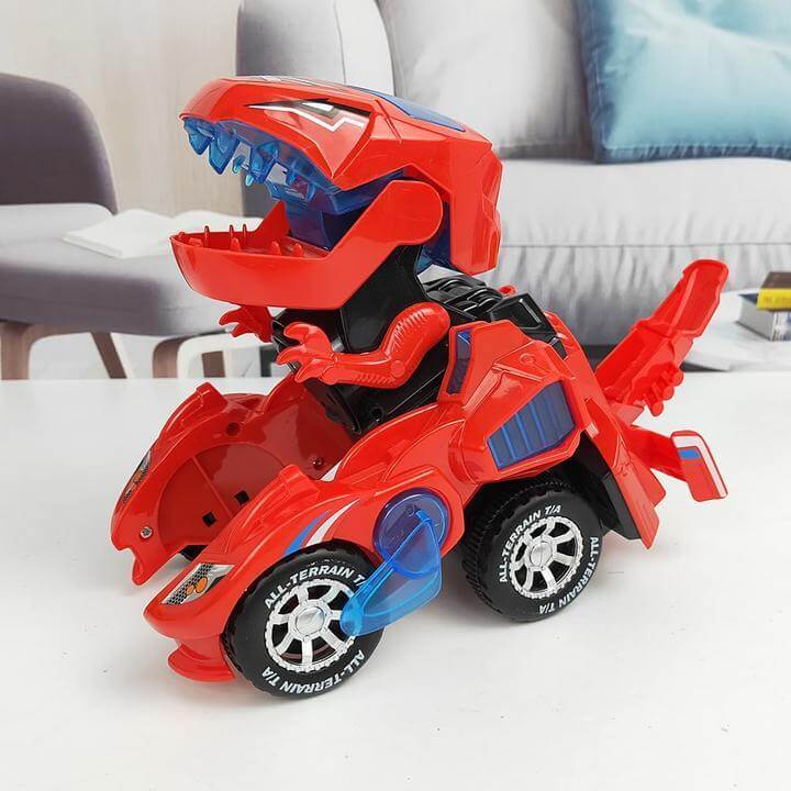 Barn leker med en spennende transformerende dinosaurbil som lyser opp i mørket