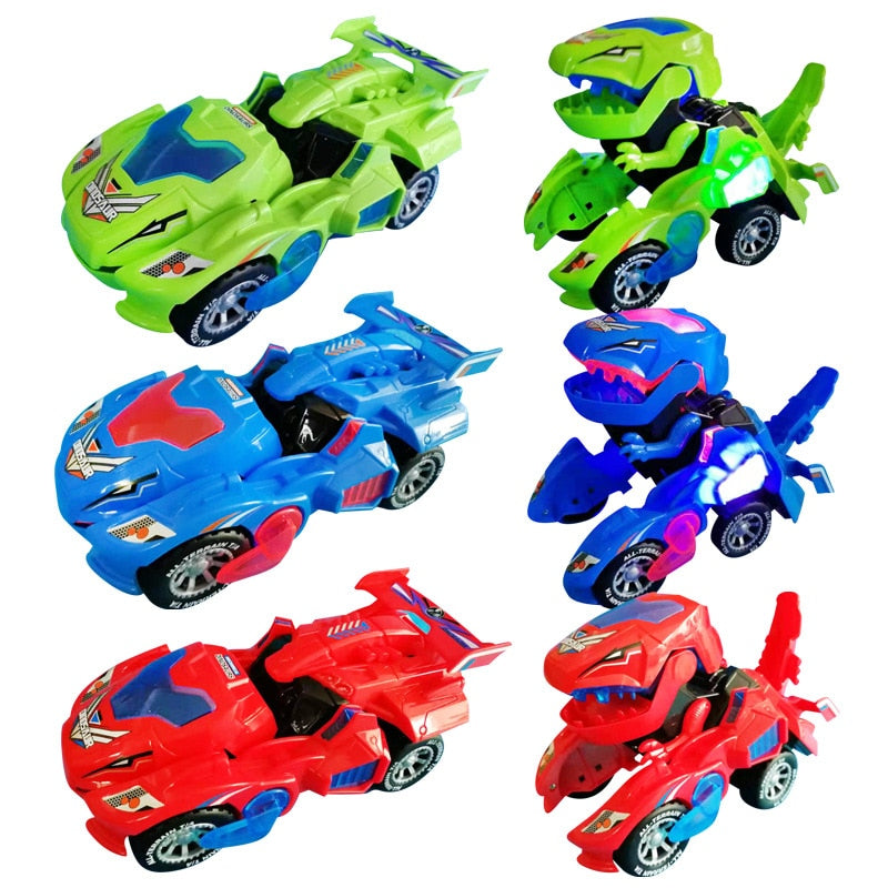 Transformerende lekebil som kombinerer dinosaur og bil, med aktive LED-lys for kreativ lek