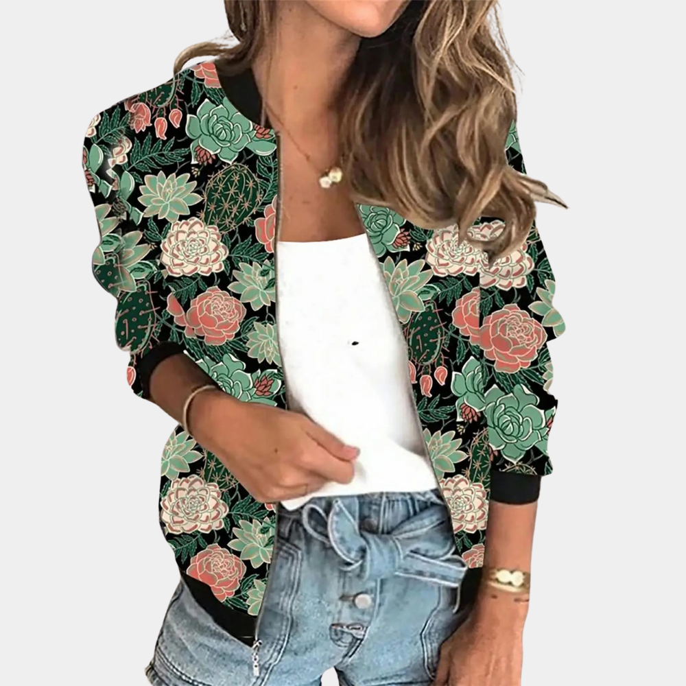 "Trendy vårjakke med trykk for kvinner, Dympna Bomberjakke i grått og grønt med blomstermønster, elegant og moderne stil."