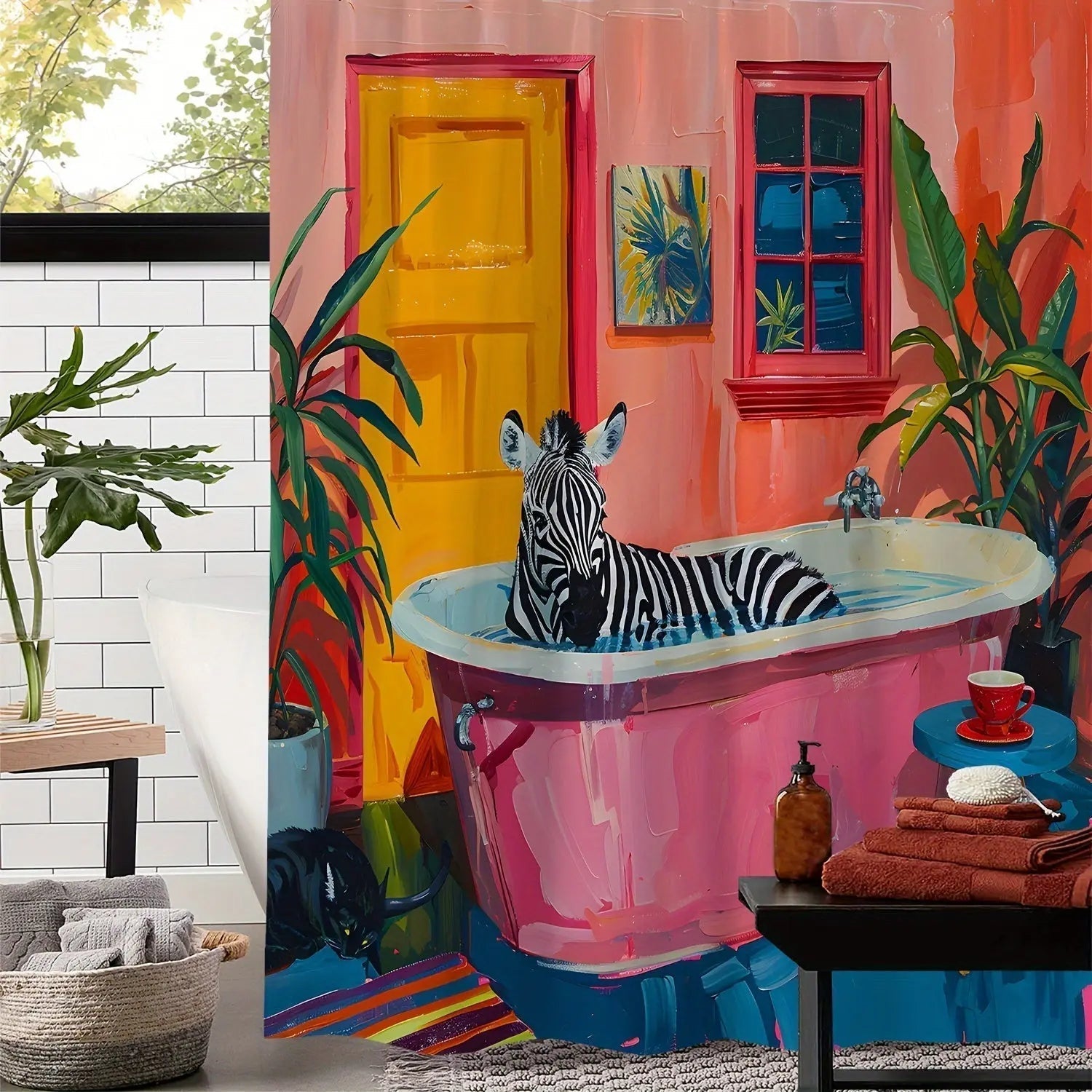 Tropisk zebra dusjforheng med flerfarget design for et moderne baderom. Vanntett og maskinvaskbar dekorasjon.