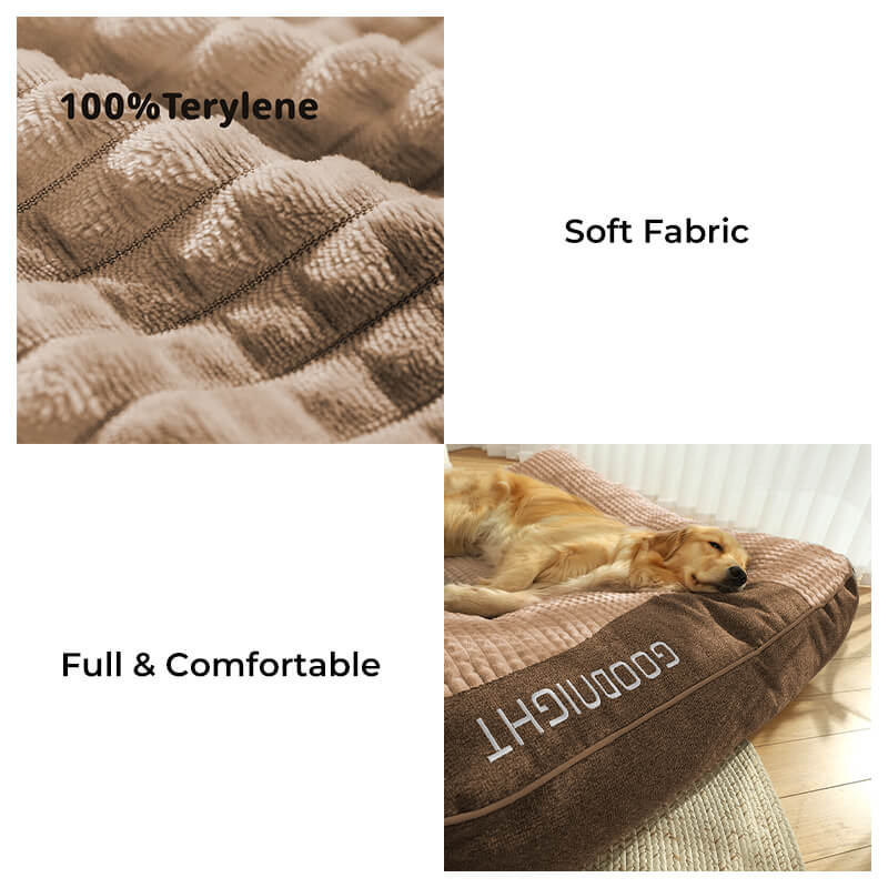 "Tykk ripebeskyttende hundeseng, myk, slitesterk med ryggstøtte, beige farge, i rom med stilfull innredning."