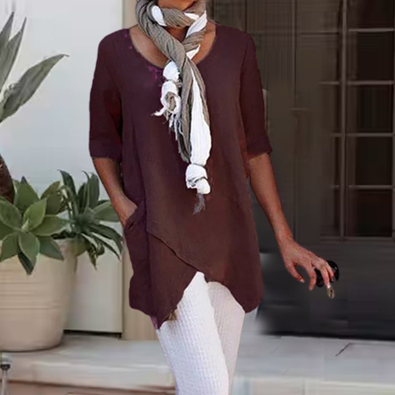 Uformell bomullsbluse for kvinner med rund hals i flere farger, stilren design, halve ermer, passer vår og sommer.