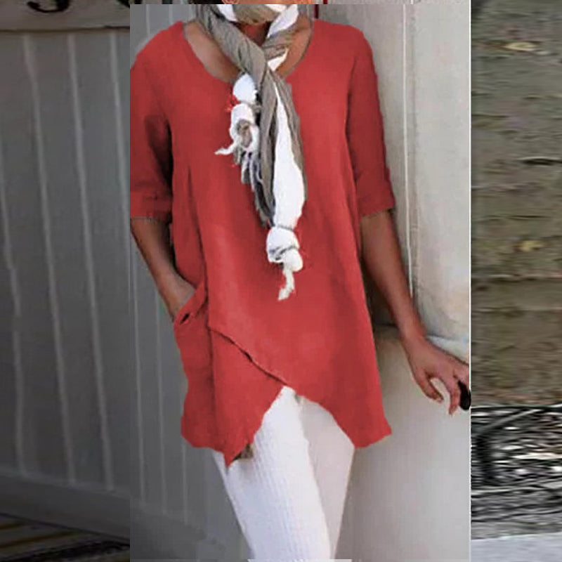 Uformell bomullsbluse for kvinner med rund hals i flere farger, stilren design, halve ermer, passer vår og sommer.