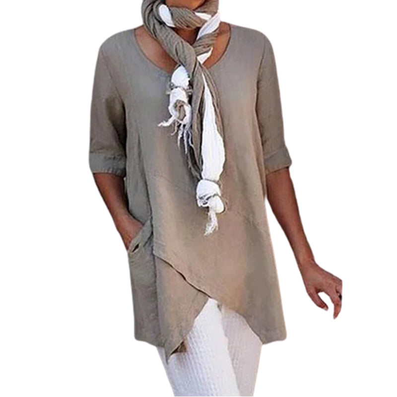 Uformell bomullsbluse for kvinner med rund hals i flere farger, stilren design, halve ermer, passer vår og sommer.