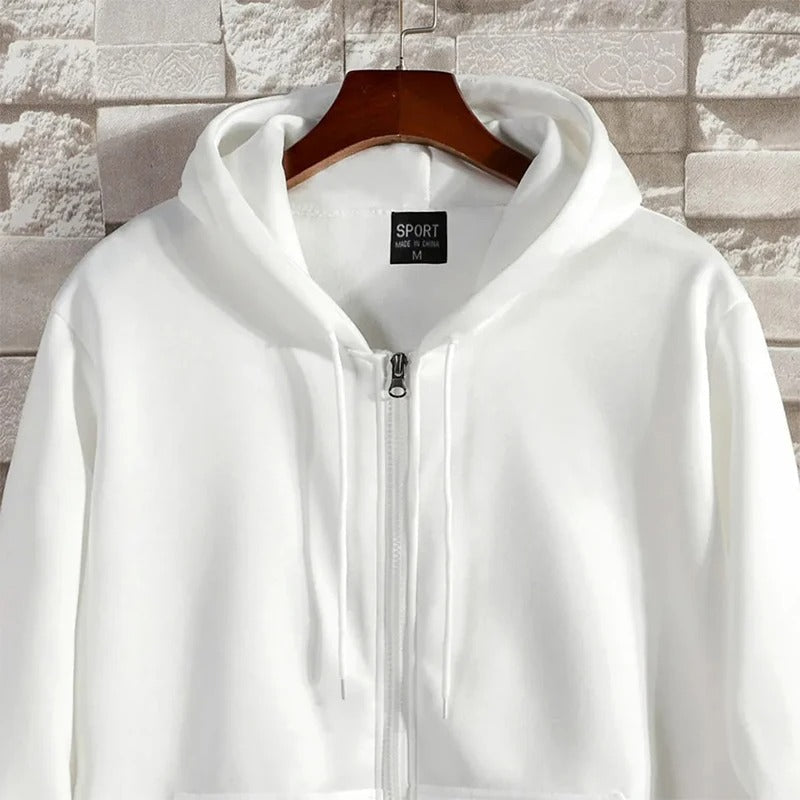 Detaljbilde av hette på uformell herre hettegenser med glidelås. Komfortabel og praktisk langermet fritidsgenser.