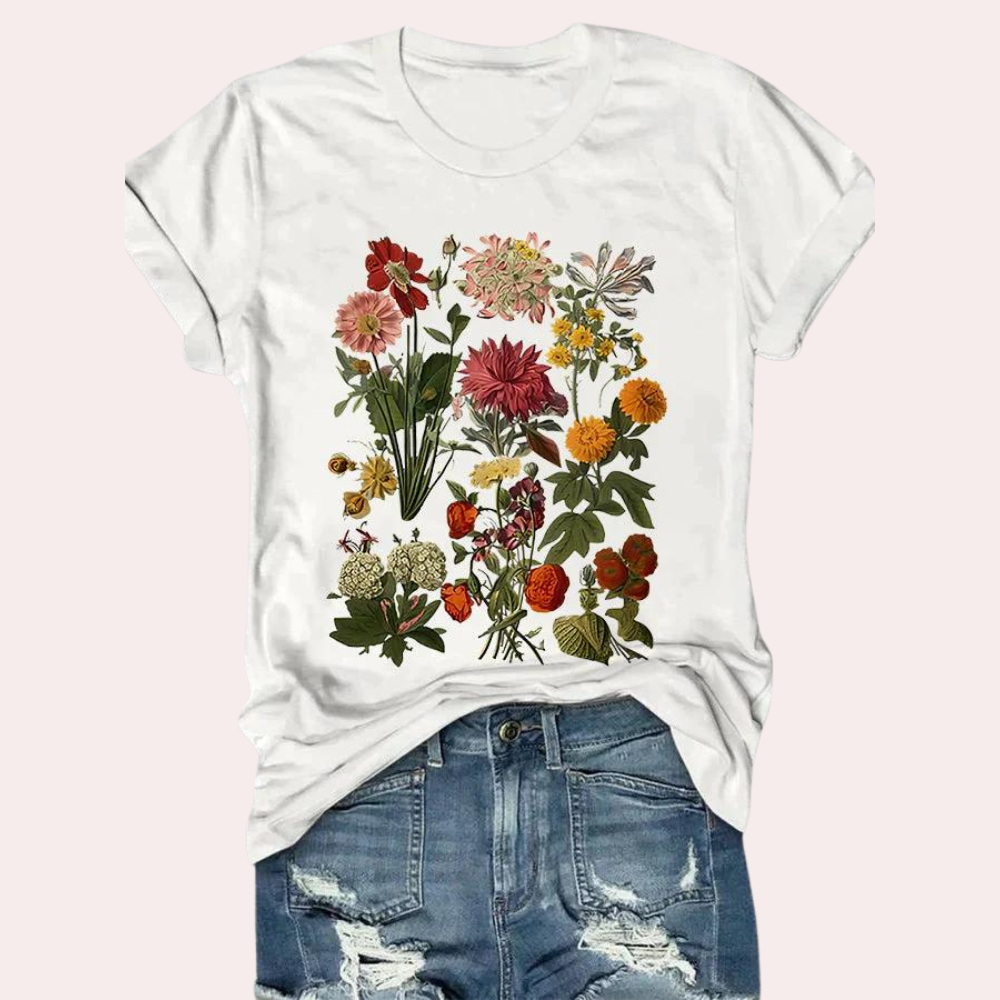 "Uformell svart kvinne t-skjorte med blomstertrykk, elegant for sommeren, mykt stoff, perfekt for uformelle anledninger."