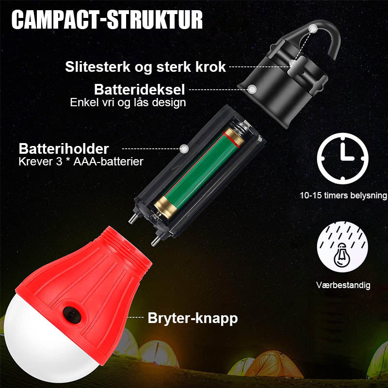 "Ultra-bærbar LED campinglys med 3 lysmoduser, tilgjengelig i fargene blå, grønn, oransje og rød"