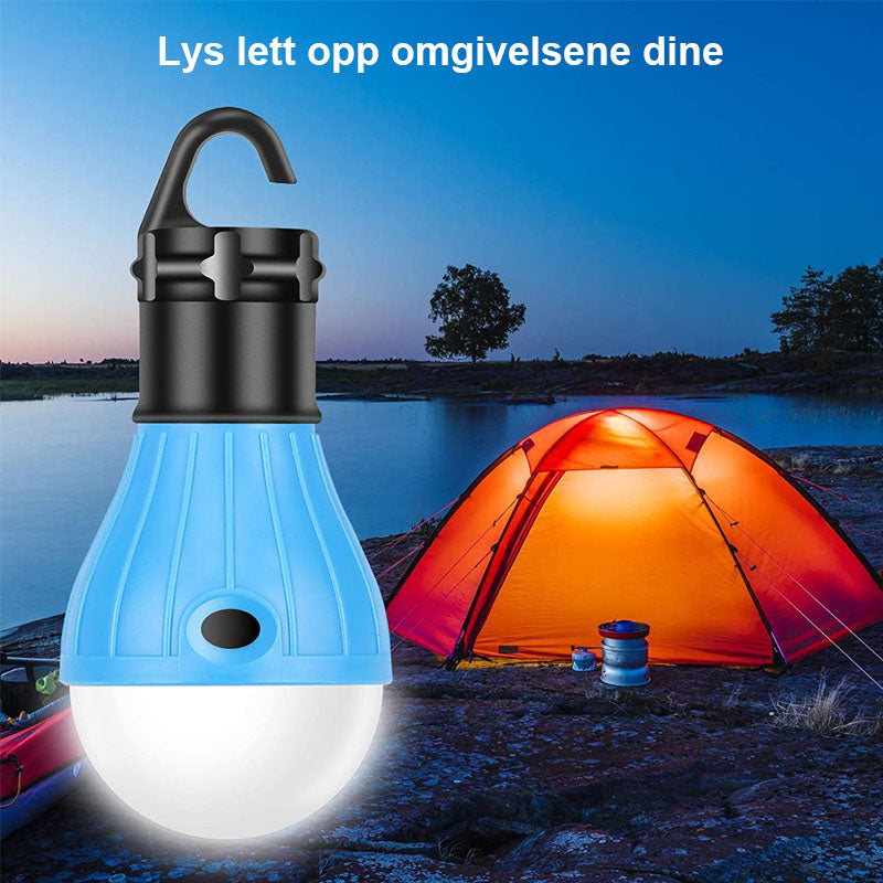 "Ultra-bærbar LED campinglys med 3 lysmoduser, tilgjengelig i fargene blå, grønn, oransje og rød"