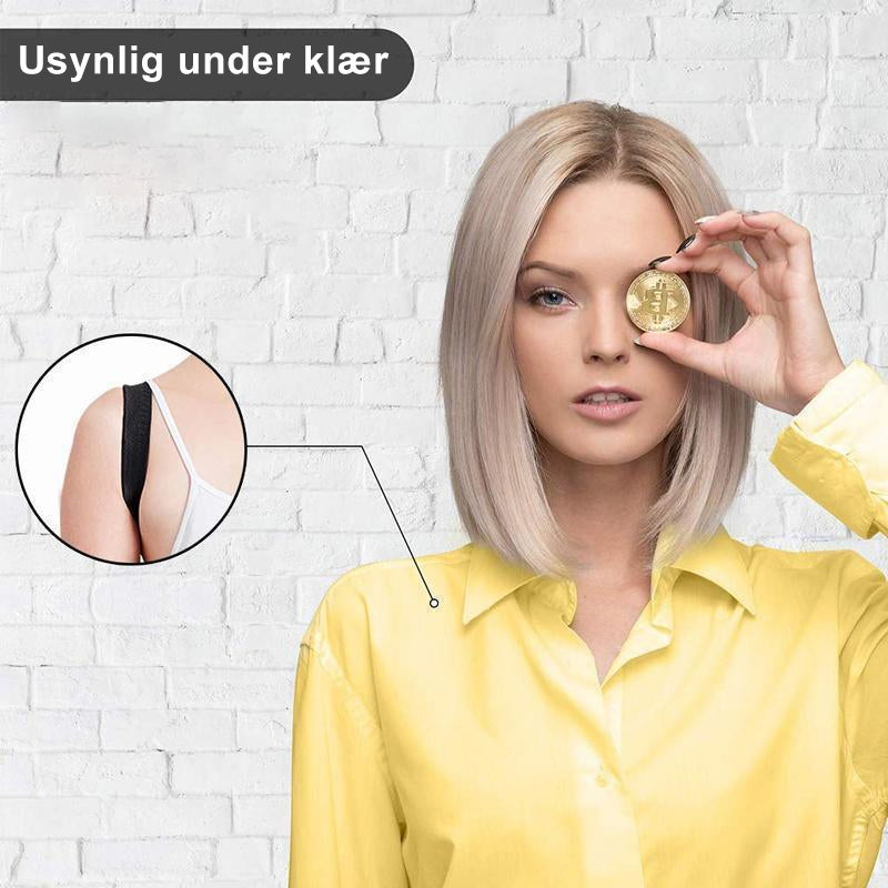 "Ultratynn holdningskorrigerer i sort, elastisk materiale, usynlig under klær, perfekt for komfort og daglig støtte."