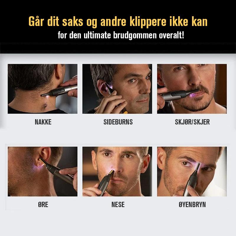 "Ultratynn presisjonstrimmer med justerbart bladhode og LED-lys, perfekt for detaljert trimming uten irritasjon."