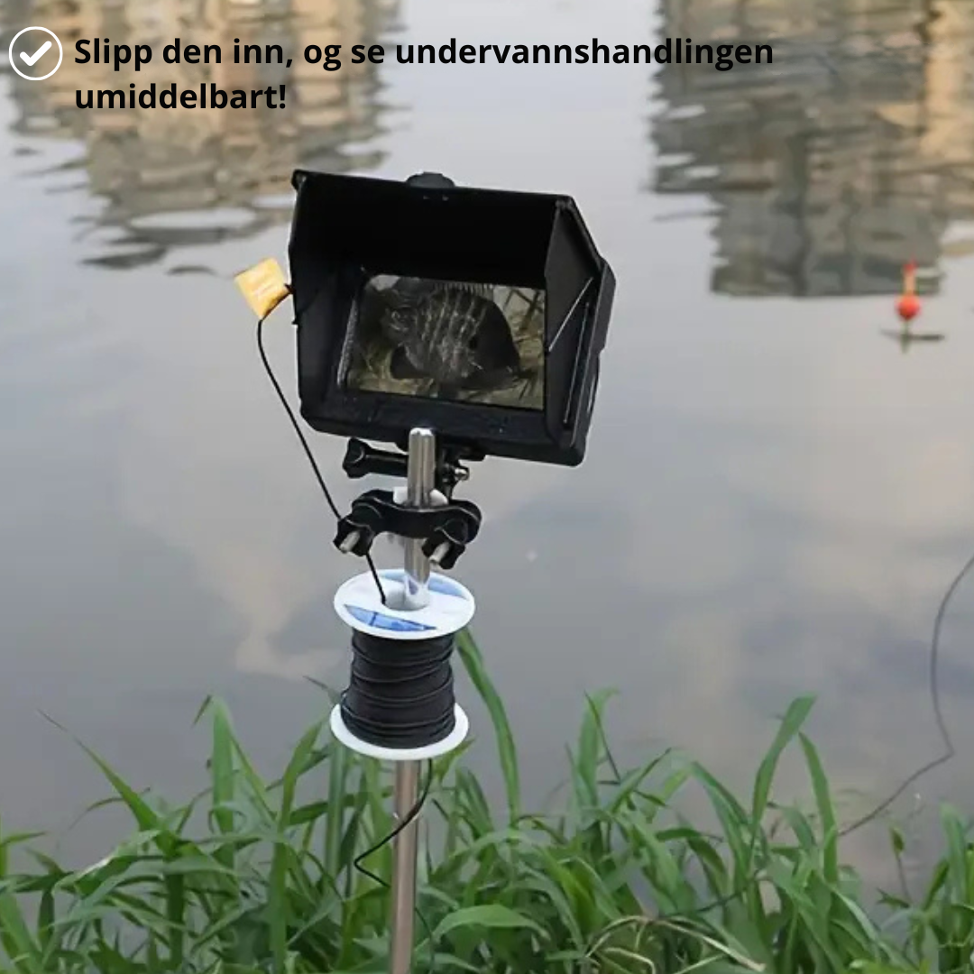 "Undervannskamera med 4,3” skjerm, vidvinkelobjektiv, 12 infrarøde lamper og vanntett IP67-design for klart sjølivssyn."