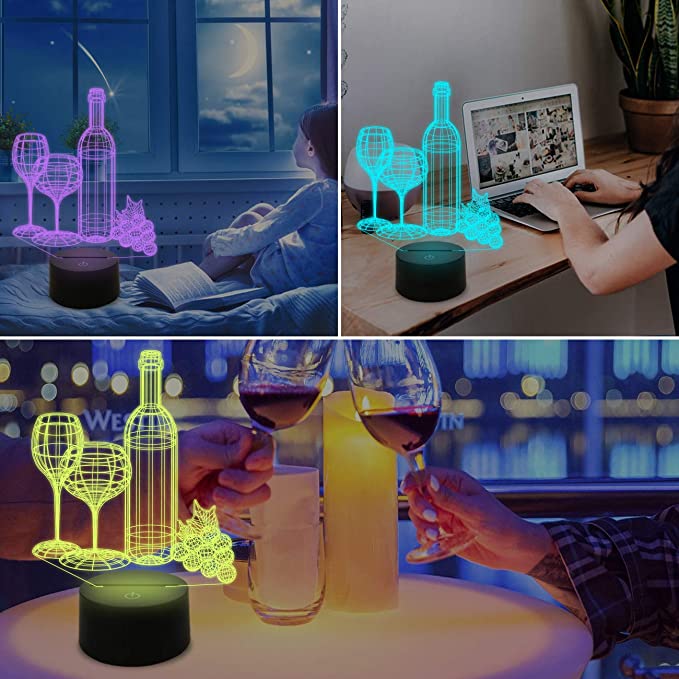Detaljert bilde av en Unik 3D optisk lys-lampe som viser en vinflaske og glass, perfekt for dekorativ belysning.