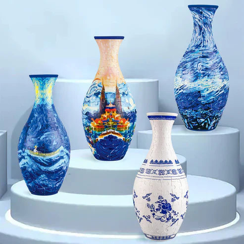 Kreativ 3D puslespillvase sett fra siden, fremhever den unike formen. Flott DIY dekor for hjemmet.