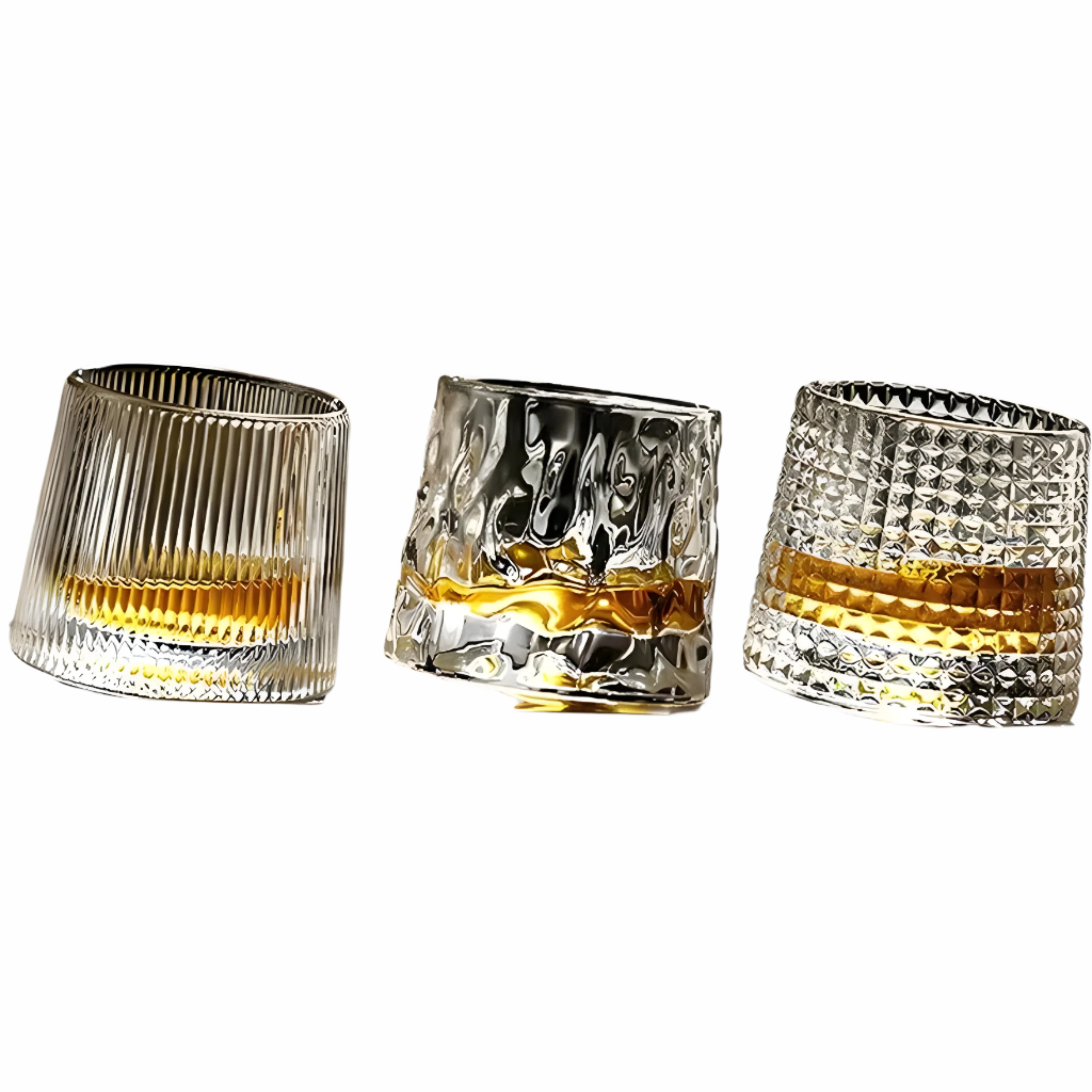 "Unikt whiskyglass i rillet design med 360° roterbar bunn, perfekt for luksuriøs drikkeopplevelse."