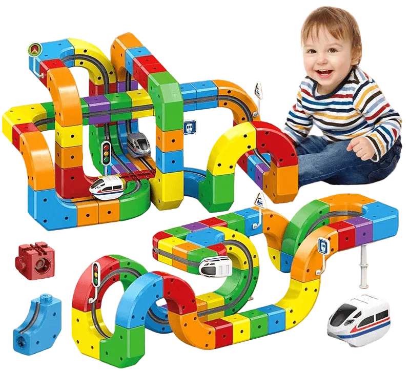 Kreativt byggeleketøy: 3D jernbanekonstruksjonssett for barnas fantasi. Med motorisert lokomotiv.