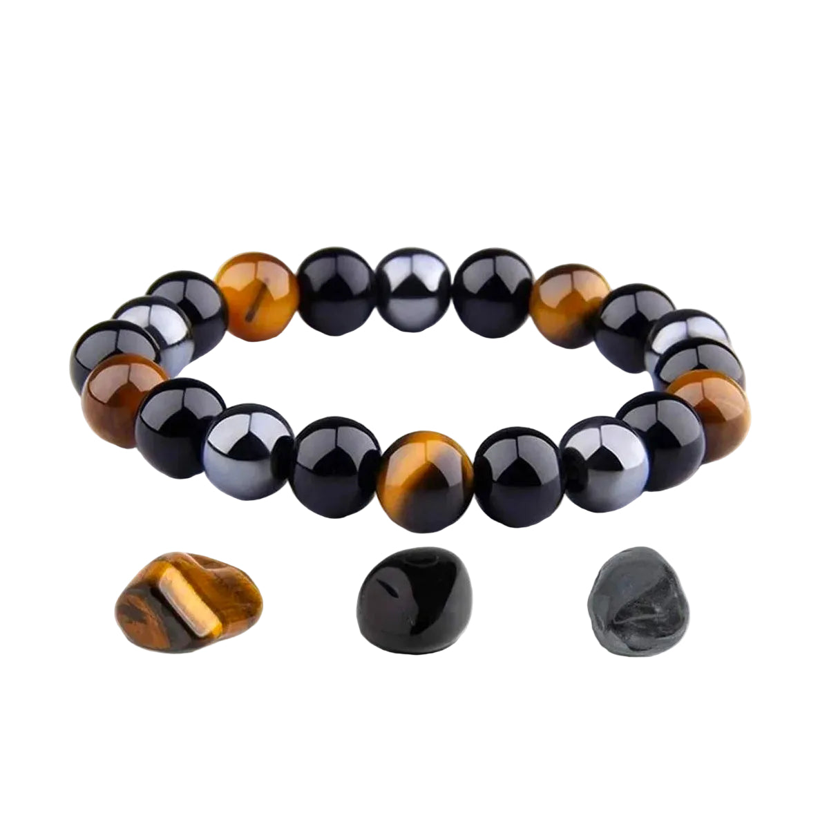Unisex beskyttelsesarmbånd med tigerøye, obsidian og hematitt natursteiner for energi og balanse.