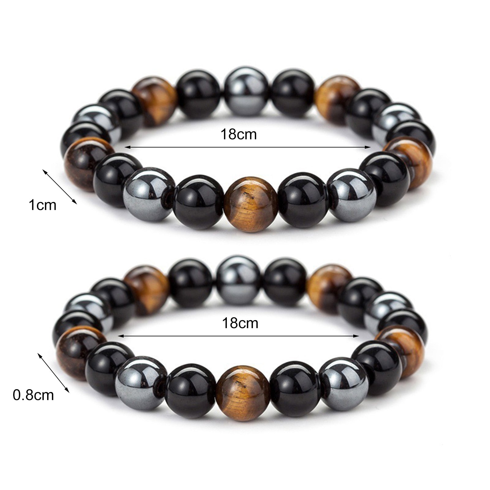 Nærbilde av unisex smykke: beskyttelsesarmbånd med tigerøye, obsidian og hematitt steiner.