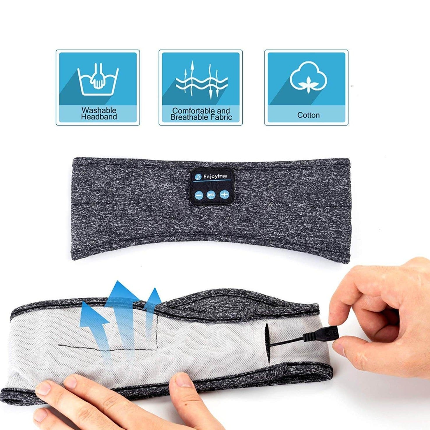 Unisex pannebånd med Bluetooth for musikk og samtaler, ideelt for løping og trening, blå.