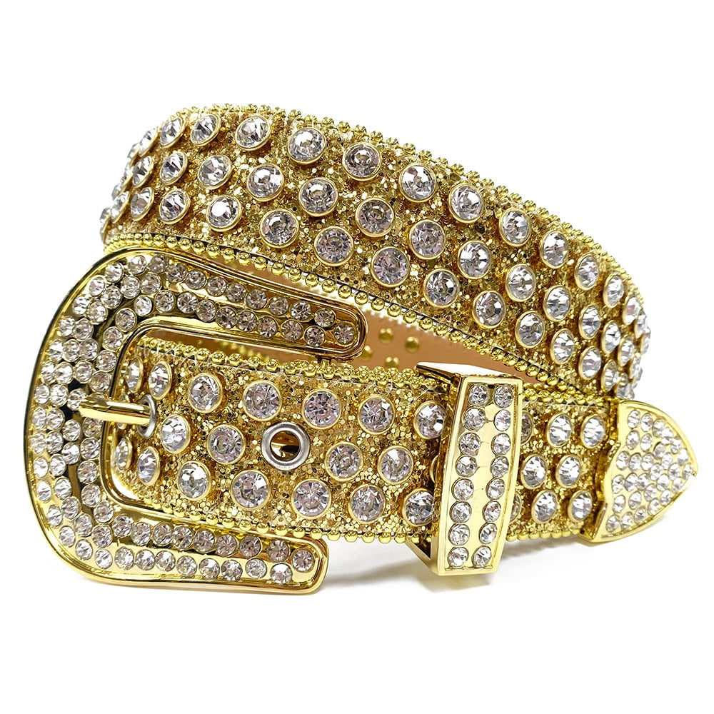 Strassbelte i svart imitert skinn, unisex, dekorert med skinnende diamanter for enhver anledning.